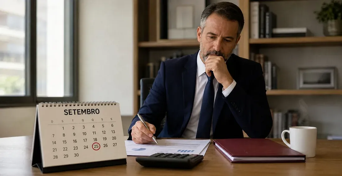 Empresário analisando documentos ao lado de um calendário marcando setembro
