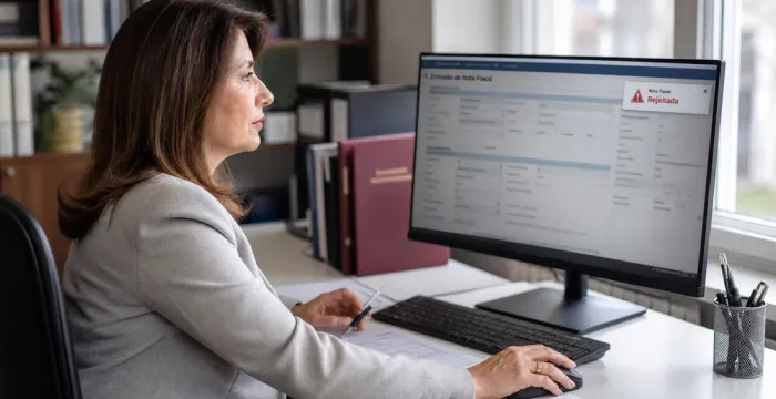 Profissional emitindo nota fiscal no computador com alerta de nota rejeitada na tela