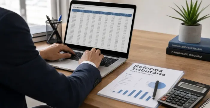 Empresário no laptop com planilha contábil e um relatório impresso sobre a Reforma Tributária